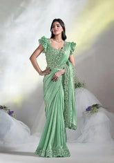 India Silk Mint Green Sarees Made From Crepe Satin Silk Blend Traditional Craftsmanship With A Soft Elegant Texture